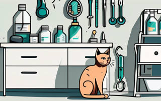 A cat sitting on a veterinarian examination table with various medical tools nearby