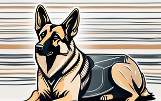 A german shepherd dog with a protective shield symbol