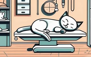 A cat lying on a vet examination table with medical equipment nearby