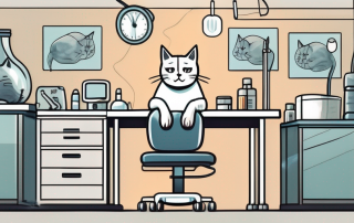 A worried cat sitting on a vet examination table with various medical equipment in the background