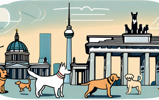A variety of different dog breeds happily playing in front of iconic berlin landmarks