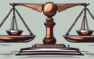 A balanced scale with a gavel on one side and a shield on the other