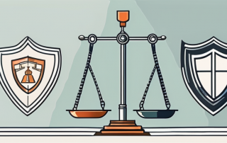 A balance scale where on one side there is a shield symbolizing protection (representing the diensthaftpflicht) and on the other side there are government building icons (representing beamte)