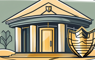 A corporate building with a safety shield symbolizing insurance