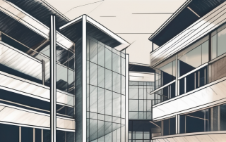 A residential building under construction with a protective shield symbolizing insurance hovering over it