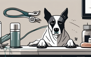 A worried-looking dog lying on a vet examination table with medical tools nearby