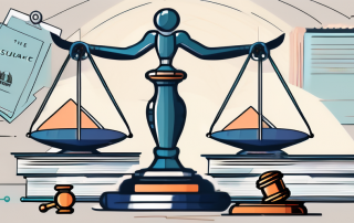 A balanced scale with a gavel on one side and a collection of insurance policy documents on the other