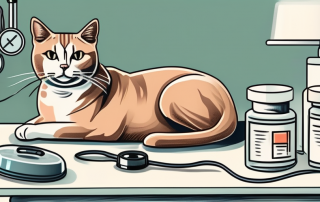 A pet (cat or dog) sitting on a vet examination table with a stethoscope