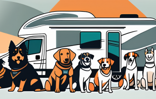 Several different breeds of dogs wearing safety vests