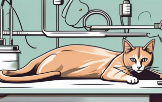 A cat lying on a veterinary operating table with various medical tools nearby