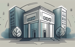A corporate building with a protective shield symbolizing insurance