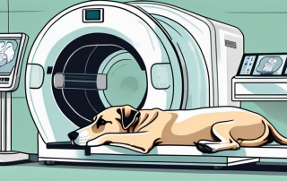 A dog lying on a ct scan machine in a veterinary clinic