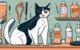 A cat sitting on a vet examination table with various veterinary tools and items