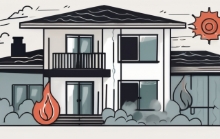 A residential building with symbols indicating different types of damages such as fire