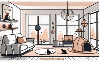 A cozy home interior with various cat toys and accessories