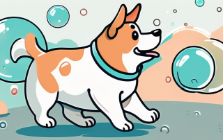 A dog happily playing with a toy