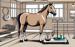 A horse in a stable with medical equipment nearby