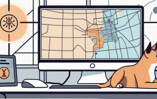 A worried pet (like a dog or cat) sitting in front of a glowing computer screen displaying a map with veterinary clinic symbols