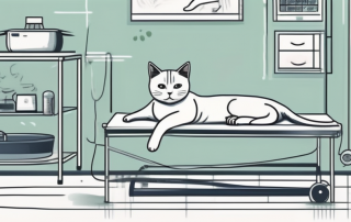 A cat sitting calmly on a vet examination table with an ultrasound machine nearby