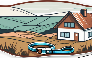 A dog leash and collar sitting next to a house with the north rhine-westphalia (nrw) region's landscape in the background