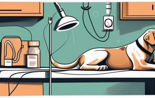 A dog lying on a vet examination table with an endoscope nearby