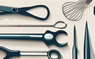 A veterinarian's tools on a table with a silhouette of a dog in the background