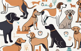 Several dogs of different breeds happily playing together