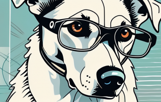 A dog wearing medical eyeglasses with a hospital background