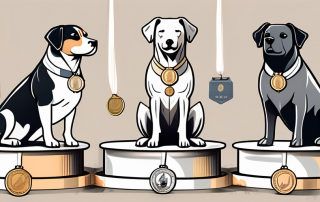 Several different breeds of dogs standing on a podium with medals around their necks