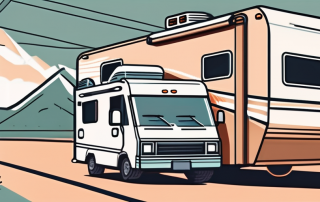 A recreational vehicle (rv) on a road with a shield symbolizing protection