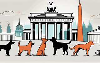 A variety of different dog breeds playing together amidst iconic berlin landmarks