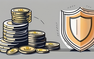 A life insurance policy next to a stack of coins and a shield