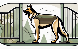 A german shepherd dog with a leash attached to a large