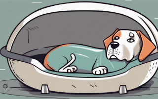 A worried looking dog in a pet bed with a thermometer in its mouth