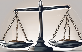 A balanced scale with legal documents on one side and a shield on the other