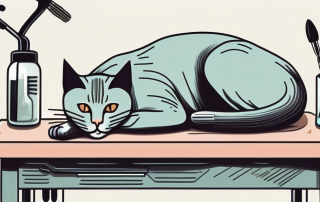 A cat lying on a vet's table with a small
