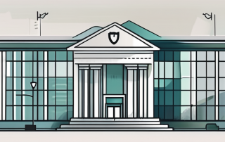 A corporate building with a safety shield symbolizing insurance