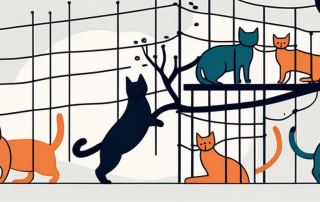 Several different types of cats engaging in various activities such as climbing a tree
