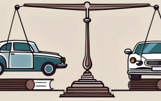 A balance scale with legal documents and a car on each side