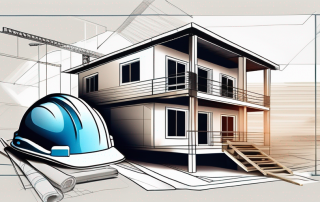 A house under construction with visible blueprints and a safety helmet