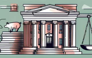 A scale balancing a bank building and an insurance building