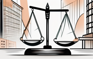 A balance scale with legal documents on one side and a commercial building on the other