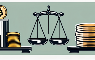 A balance scale with stacks of coins on one side and a gavel on the other