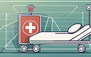 A hospital bed with a health insurance policy and a medical cross symbol