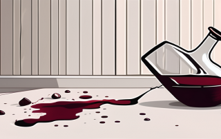 A broken vase and a spilled bottle of red wine on a white carpet