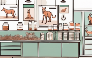 A veterinarian's office with various animal care tools and a visible price list on the wall