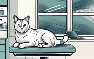 A veterinarian's office with an ultrasound machine and a cat sitting on the examination table
