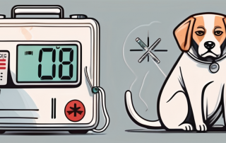 A worried pet (dog or cat) with a thermometer in its mouth