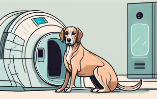 A worried dog sitting next to an mri machine