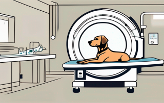 A dog lying calmly on the table of a ct scanner in a veterinary clinic
